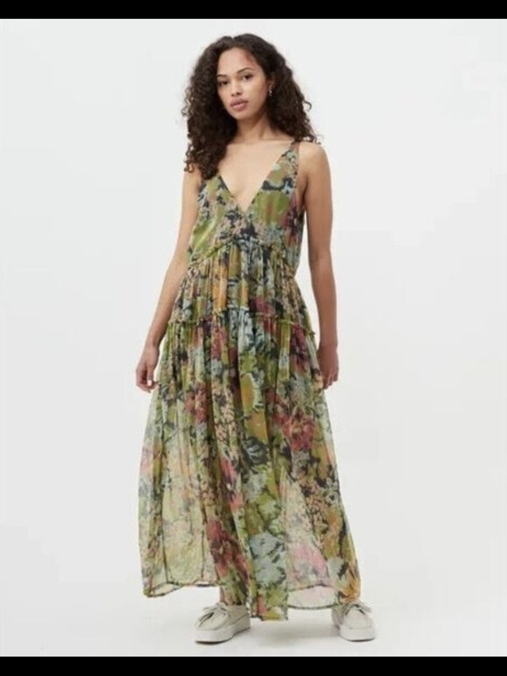 🪷 Free People Maxi Dress Sz M Julianna Green Floral - Picture 2 of 10
